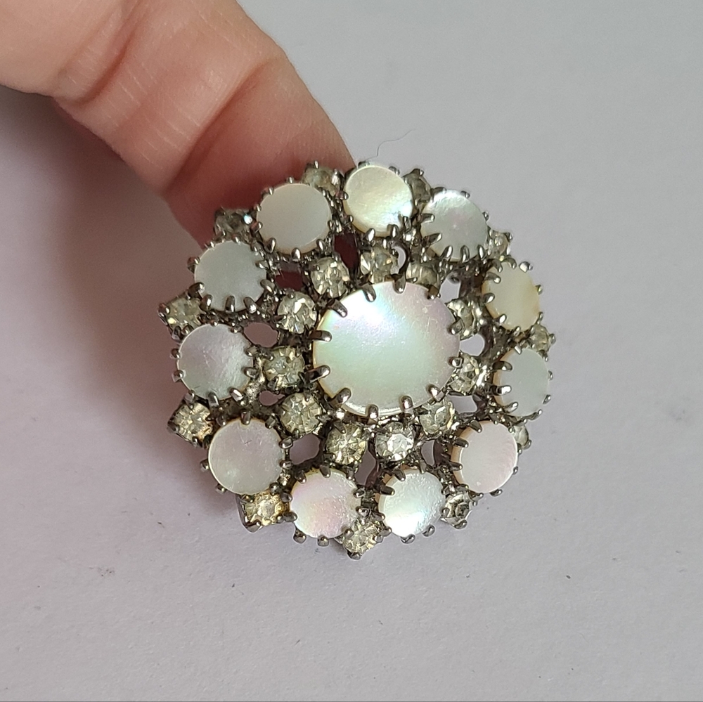 Vintage Silver Tone Faux Moonstone Rhinestone Round Cocktail Statement Brooch